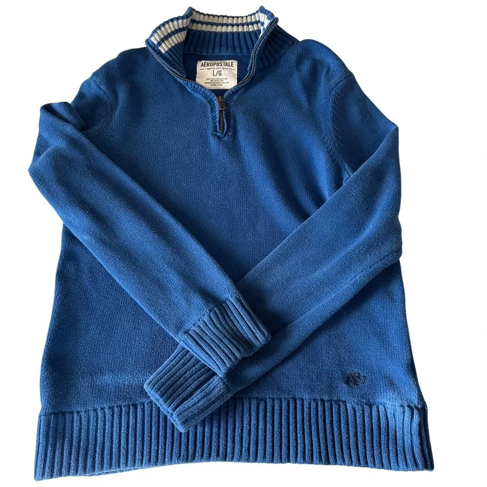 Aeropostale Mens Quarter Zip Mock Neck Pullover Sweater Blue Striped Collar Sz L